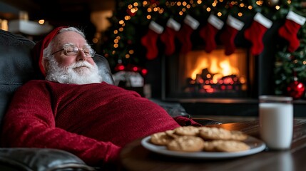 Obraz premium Whimsical Portrait of a Cheerful Santa Claus Relaxing in a Cozy Chair by a Warm Fire, Surrounded by Christmas Stockings and a Plate of Cookies