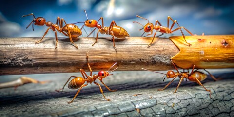 Ant Teamwork: Carrying a Log with Their Chief