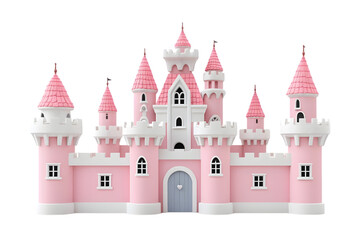 Obraz premium Pink Fairy Tale Castle Model with Towers and Spires Isolated on White Background