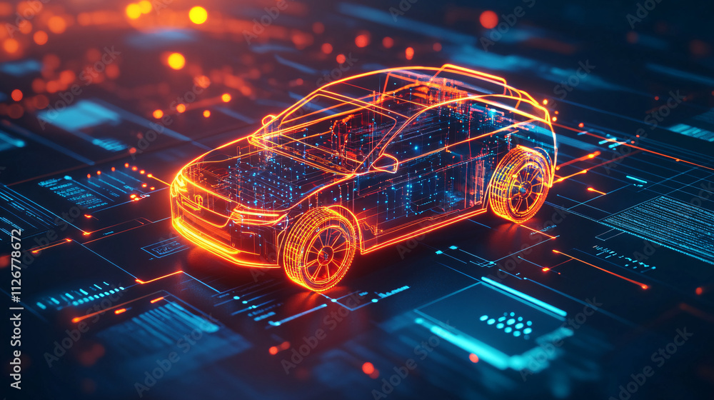 Aufkleber a glowing car battery icon floating in a digital environment, surrounded by data streams representin