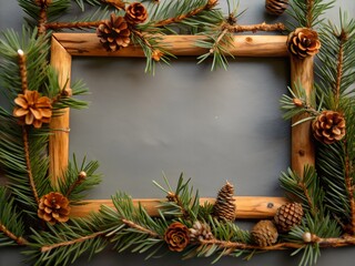 Pine Twig Frame with Copy Space on White