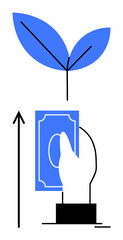 Leafy plant hand holding cash upward arrow. Ideal for finance, growth, investment, sustainability, eco-friendly, economy, success. Line metaphor