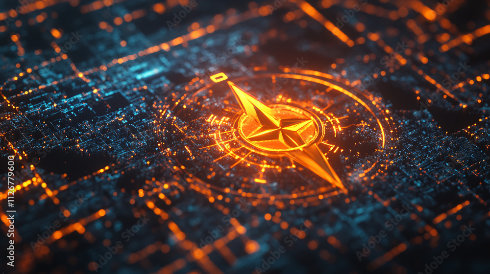 Aufkleber a glowing compass icon hovering over a digital map with interactive data layers, representing online