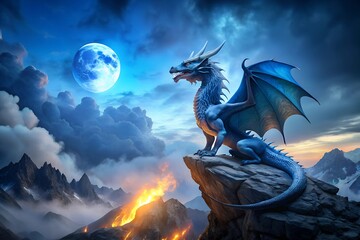 Mystical Dragon Breathing Blue Fire on a Craggy Mountain