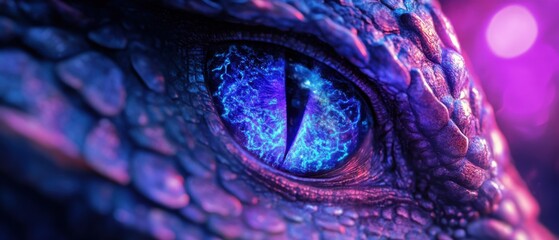 Fototapeta premium Mystical Dragon Eye Closeup: Glowing Purple and Blue Scales