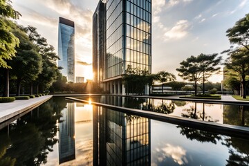 Modern Glass Skyscraper Amidst Lush Greenery and Sunset Reflections