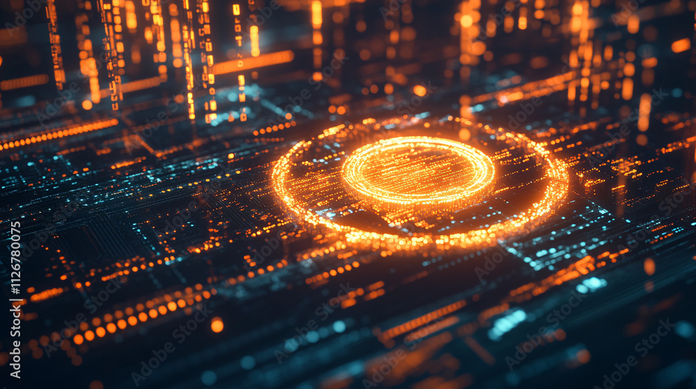 Poster a glowing cryptocurrency coin icon floating over a digital grid, surrounded by blockchain data and o