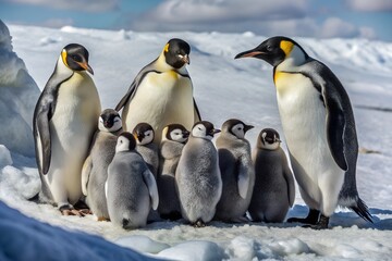 Adorable Group of Penguins Huddled on a Snowy Iceberg with Baby Peeking Out