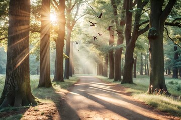 Serene Forest Path with Sunlit Oaks and Soaring Birds