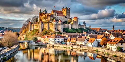 Medieval Castle on a Hilltop Overlooking a Moat and Bustling Village