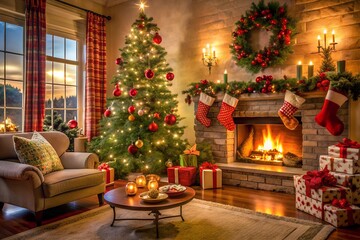 Cozy Christmas Living Room with Decorated Tree, Stockings, and Wrapped Presents