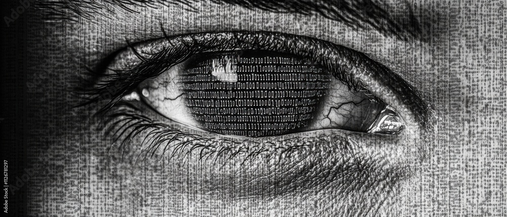 Poster closeup monochrome eye reflecting binary code, digital data, and human connection