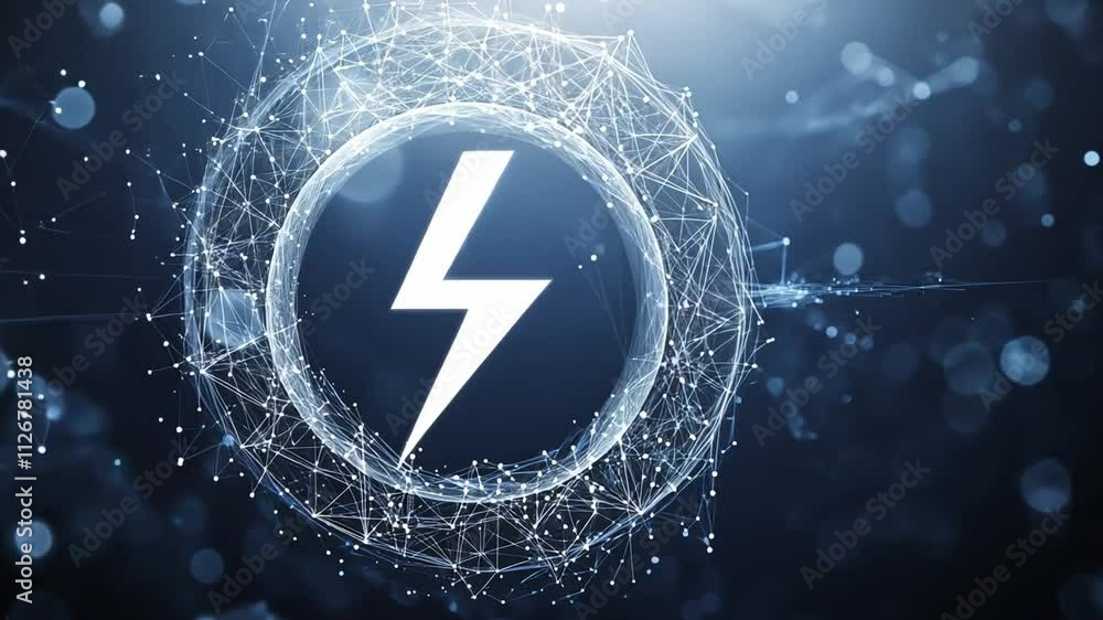 Poster lightning bolt in digital network: a symbolic white lightning bolt in a circle, digitally rendered, 