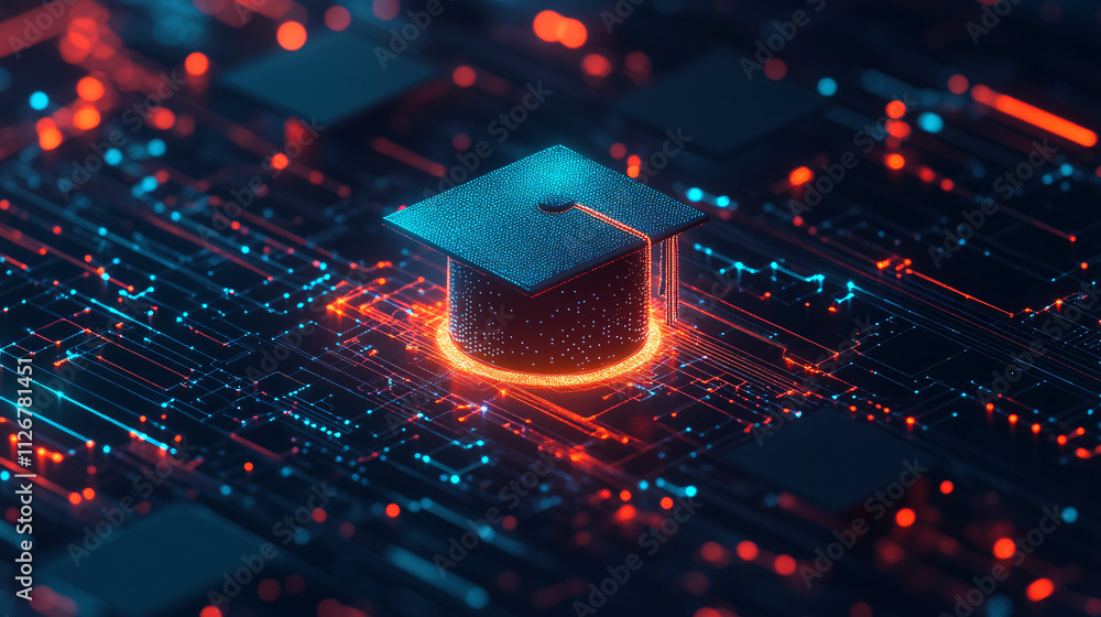 Poster a glowing graduation cap icon floating above layers of data streams, representing online education, 