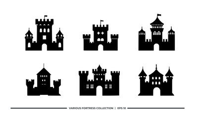 A collection of six black silhouettes of various castle designs.