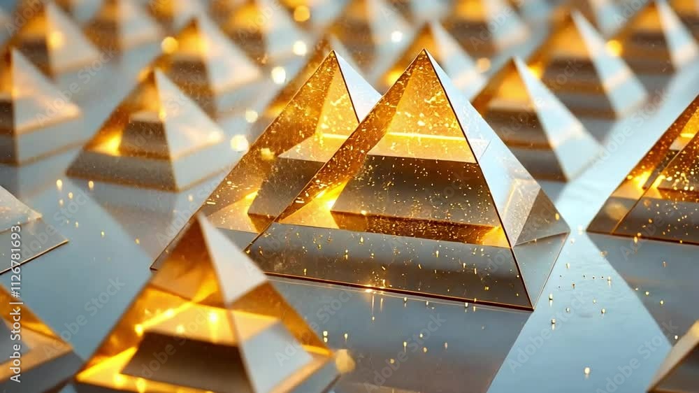 Aufkleber golden pyramid: a mesmerizing abstract image of a series of sparkling golden pyramids, reflecting an