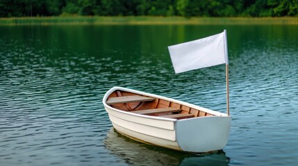 The White Flag Symbol of Peace and Hope Concept, Small White Flag Boat Floating Calmly on Serene Lake Surrounded by Lush Greenery and Reflections