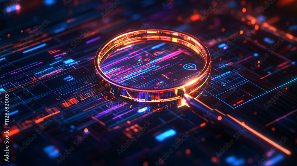 Poster a glowing magnifying glass icon floating over a digital search interface, with data streams represen