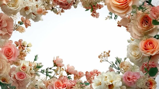 Floral Frame of Peach and Cream Roses: A romantic arrangement of peach and cream roses creates a beautiful frame, perfect for wedding invitations, announcements.