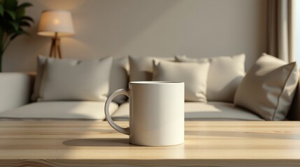 Stylish white mug mockup elegantly placed in a cozy living room setting