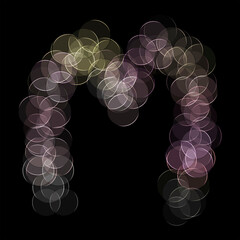 The letter "M" of the English alphabet made by Optical illusion swirl isolated on black background, Circular neon lights, Purple, Grey color, Circular neon lights, Illustration design, Alphabet A-Z