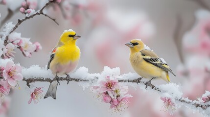 Obraz premium Colorful Birds on Snowy Blossoming Branches