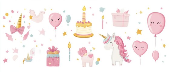 Adorable Unicorn Birthday Party Elements: Pink Balloons, Cake, and Gifts