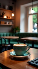 Obraz premium Cozy Coffee Shop Atmosphere with Heart-Shaped Latte Art in a Vibrant Setting