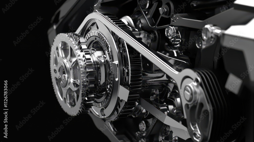 Poster close-up view of a precision engine component showcasing metal gears, belts, and mechanical parts gl