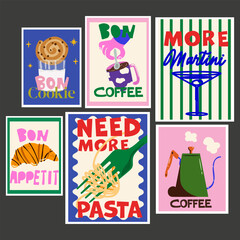 Fototapeta premium Abstract bright posters in cute retro style. Decor of wallpaper, walls and postcards. Vintage home decor food posters set. Pasta, Martini, coffee and croissant. Modern text