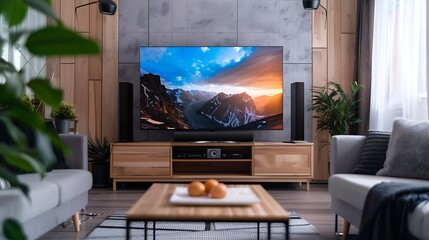 A beautifully designed living room featuring a flat-screen TV, a snug sofa, and modern decor elements, exuding comfort and style, captured in