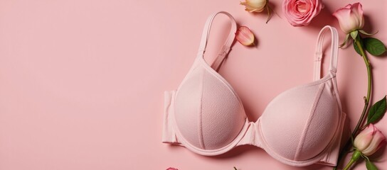 A delicate rose-filled scene featuring a pink bra modeled against a soft pastel pink backdrop