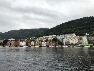 Norway, Bergen city, embankment. Old city center, harbor. Scandinavian city in summer