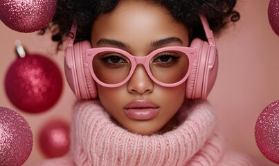 Stylish young woman with pink headphones and glasses