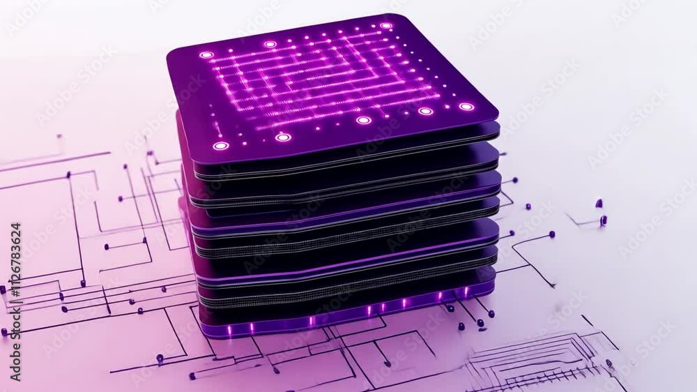 Poster powerful processor stack: futuristic purple microchip layers, complex circuit design, technological 