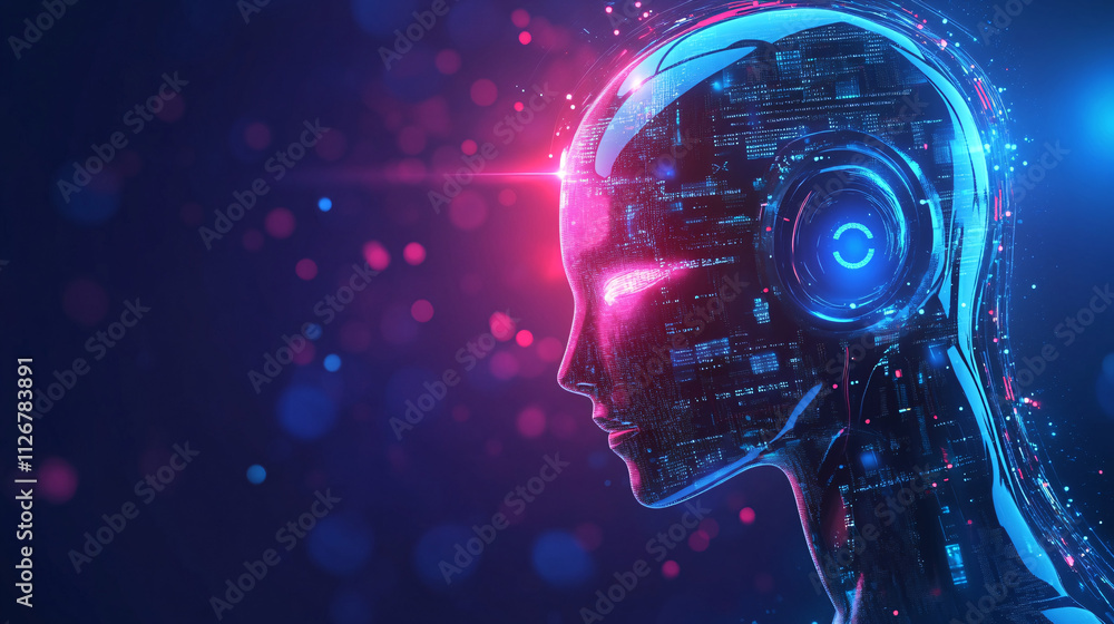 Poster a glowing robot head icon with streaming data representing ai-driven customer service, chatbots, and