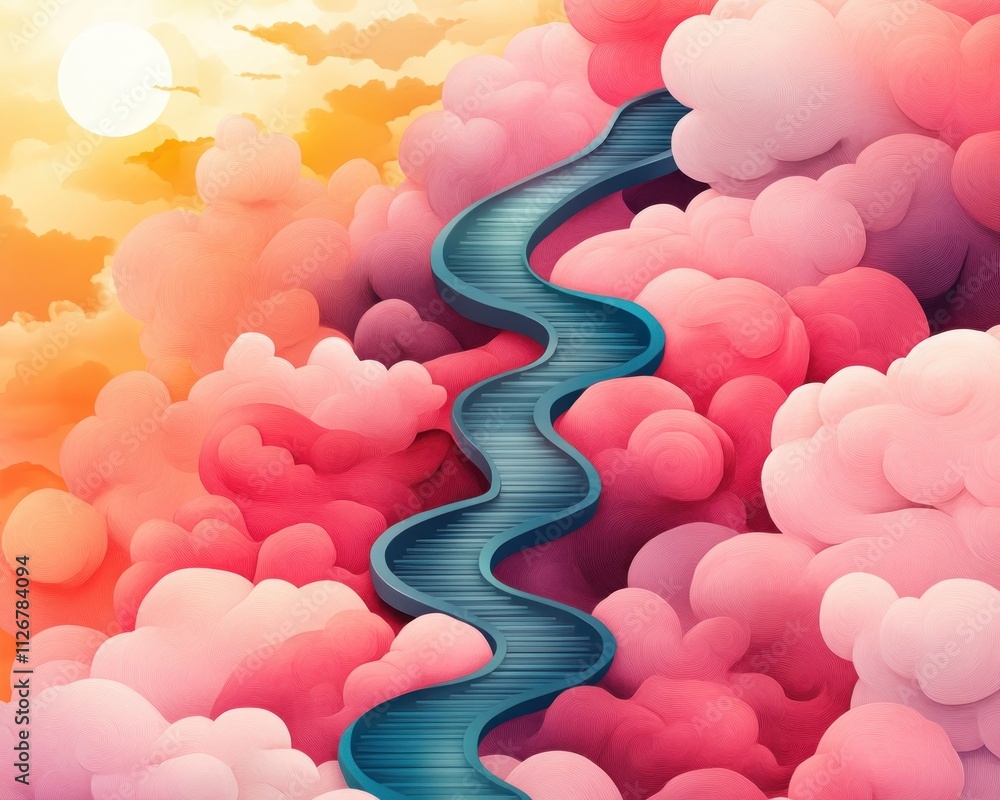 Poster artistic rendering of emotion-focused therapy sessions, visualized as dynamic pathways winding throu