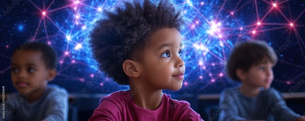 Poster artistic rendering of skill-focused classrooms glowing communication patterns illuminate development