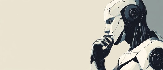 Thoughtful Robot, AI Artificial Intelligence, Futuristic Android Contemplating
