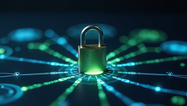 Padlock encircled by glowing network connections signifies digital security and safety