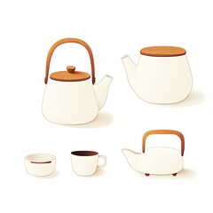 A collection of stylish off-white teapots, a cup, and a bowl, featuring wooden handles and lids, perfect for a minimalist aesthetic.