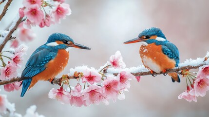 Fototapeta premium Kingfishers perched on cherry blossoms in winter