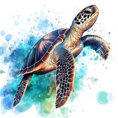 Obraz premium Watercolor painting of a sea turtle swimming in the ocean.