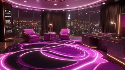 Enchanting Metropolis: Vibrant Luxury Lounge with Glowing Neon Accents