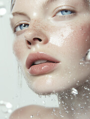 Portrait of a glowing fair-skinned model with a wet face demonstrating a skincare product