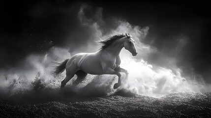 A beautiful horse galloping through the darkness, surrounded by mist, creating a sense of mystery and power, capturing the elegance, strength, and grace of the animal in a dramatic, atmospheric scene.