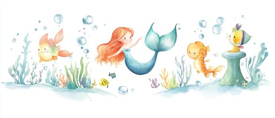 Adorable Watercolor Mermaid with Cute Fish in Underwater Scene