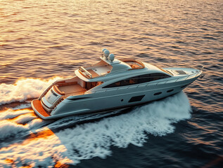 a luxurious yacht in dynamic motion, bathed in warm golden hour light.