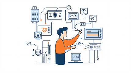 A line art drawing of an IT technician connecting wires, with minimal floating icons for networking and settings. 