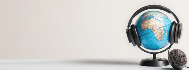 Global Communication Podcast Concept: World News Broadcasting Studio Setup with Headphones and Microphone